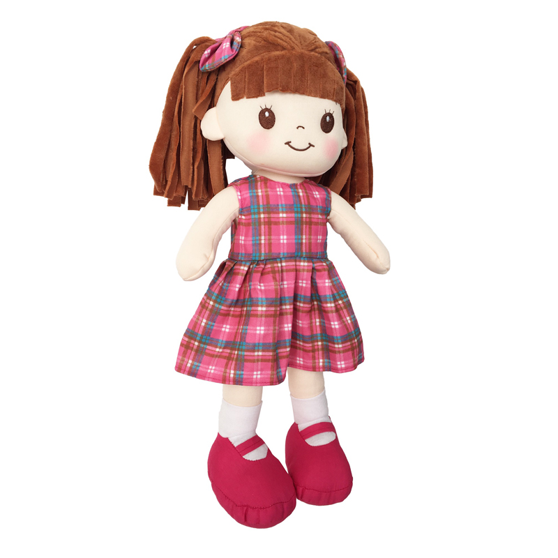 Muñeca De Trapo y Tela Lorena Color Fiusha Vestido a Cuadros