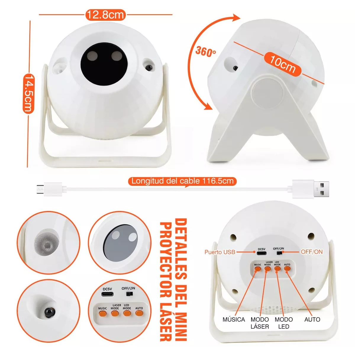 Cañon Led Audiorítmico Esfera Proyector Láser Bola Dj Fiesta Blanco