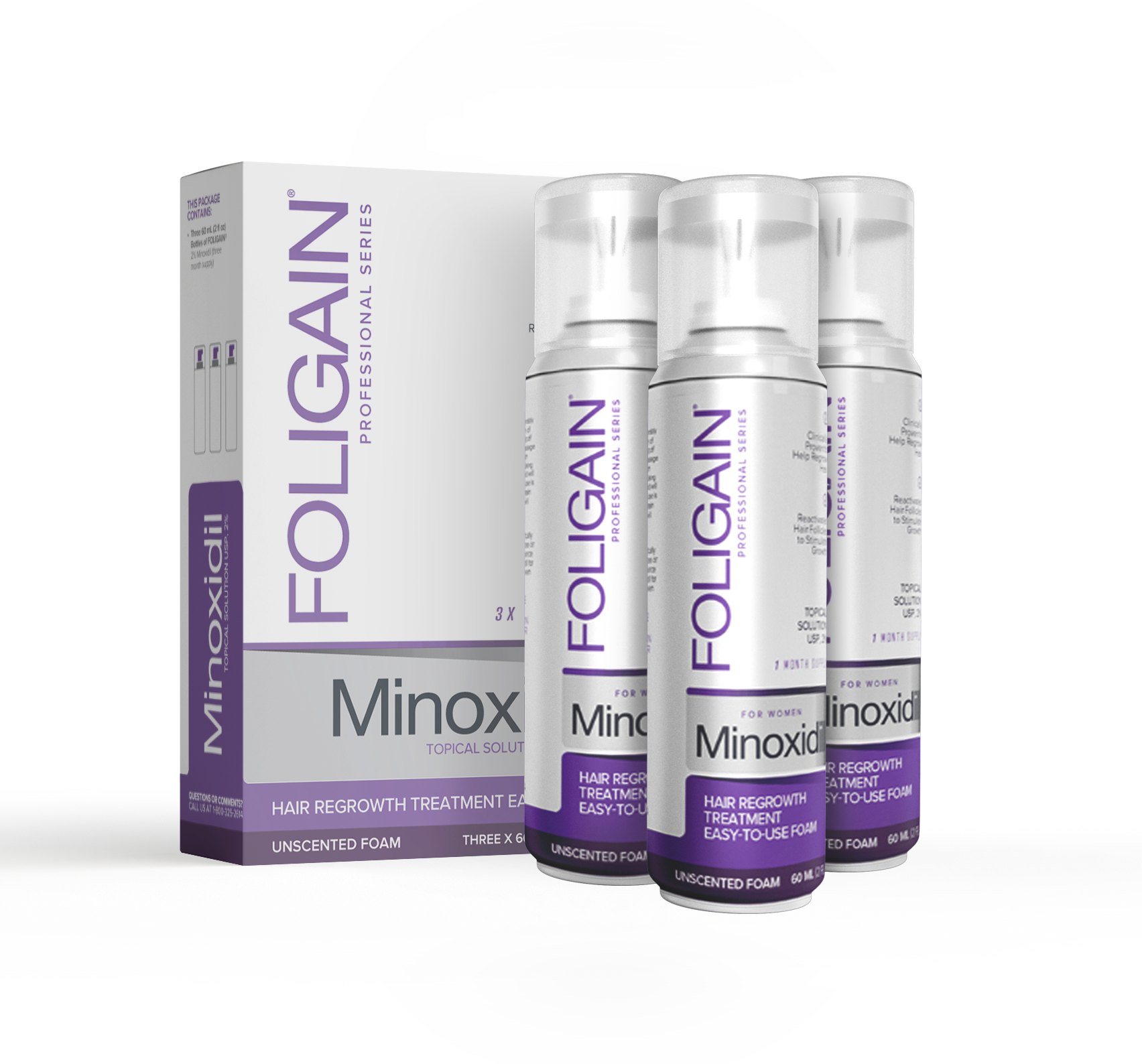 FOLIGAIN MINOXIDIL 2% ESPUMA PARA EL CRECIMIENTO DEL CABELLO para mujeres Tres Botellas 3 meses de suministro