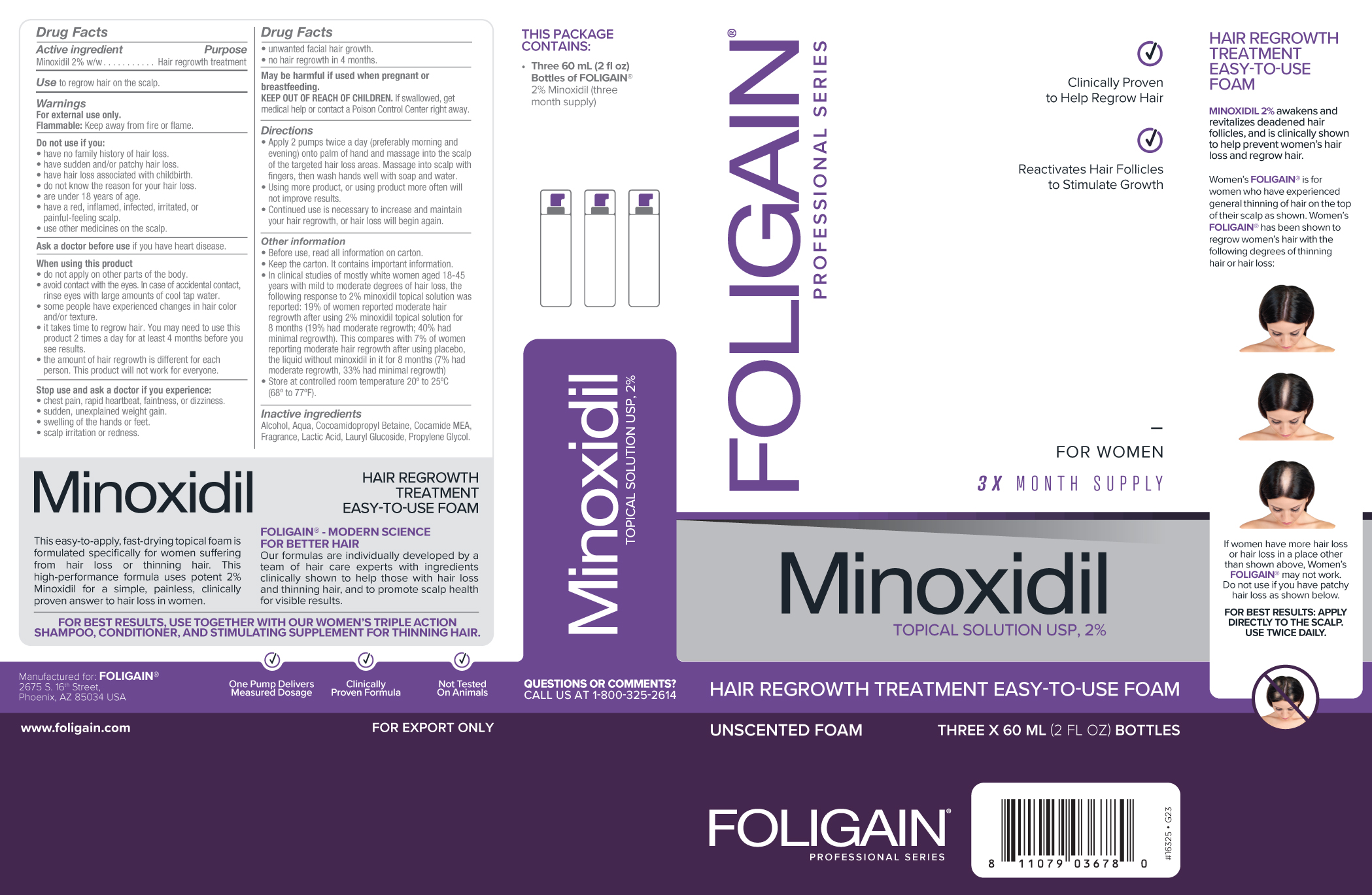 FOLIGAIN MINOXIDIL 2% ESPUMA PARA EL CRECIMIENTO DEL CABELLO para mujeres Tres Botellas 3 meses de suministro