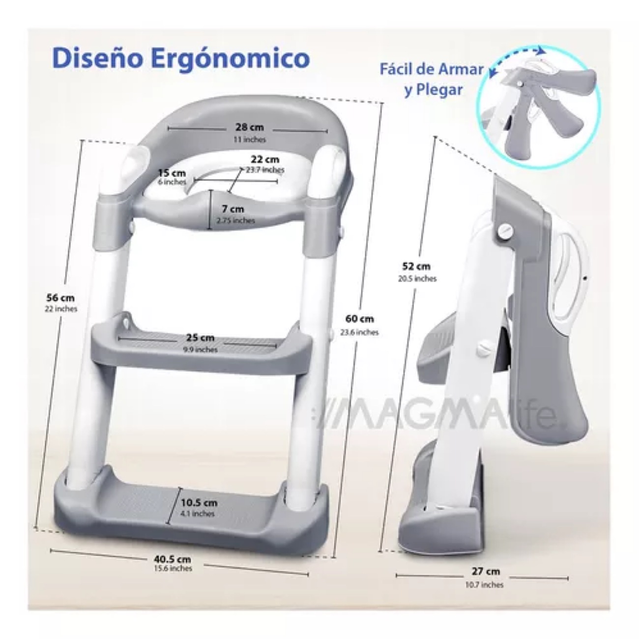Baño Asiento Entrenador Infantil Para Niños Con Escalera Color Gris, Antideslizante, Taburete Plegable Infantil para Taza de Baño, Fácil de Guardar, Asiento Ergonómico, Edad de 2 a 5 Años