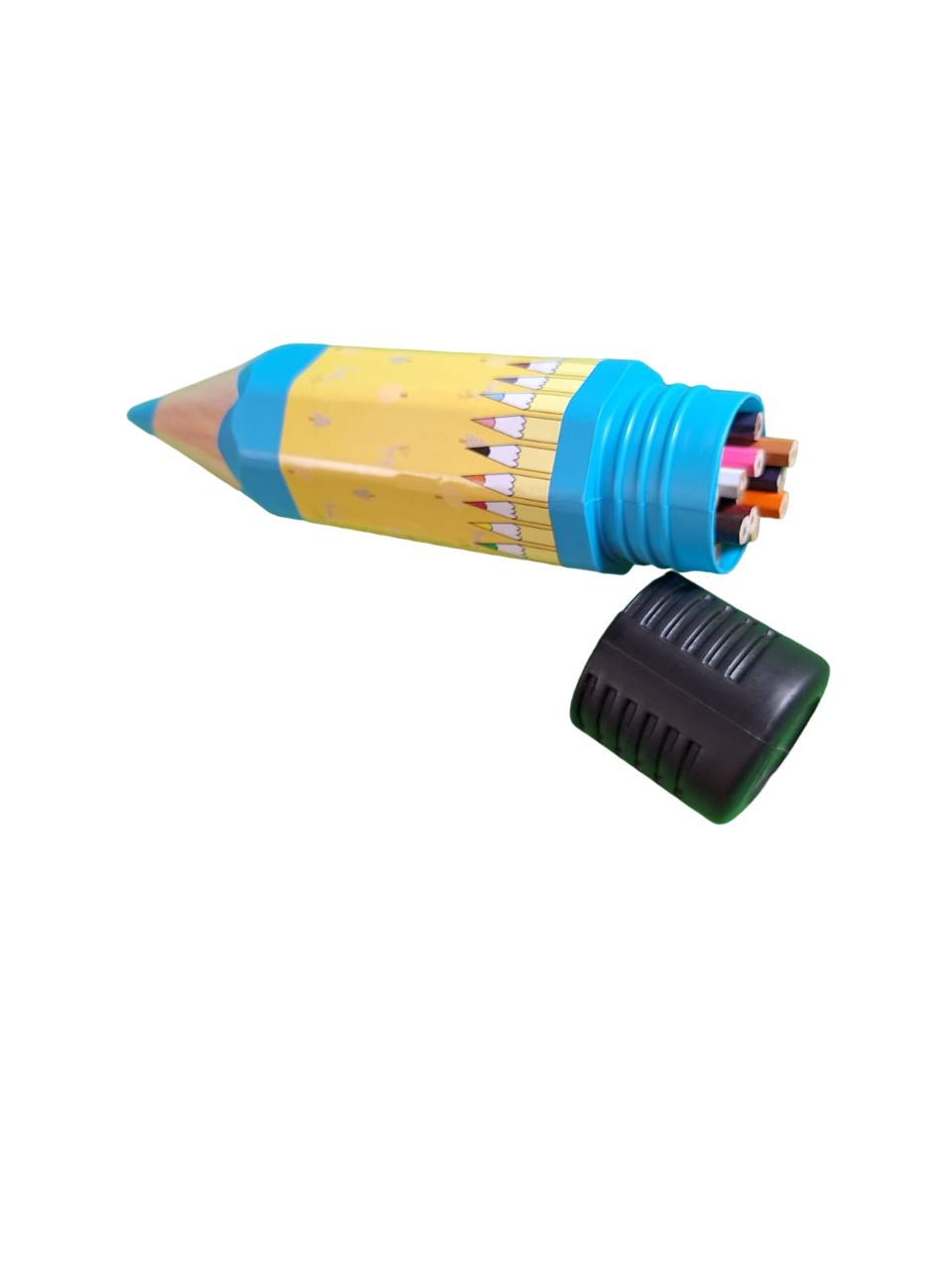 Estuche Forma De Lápiz Grande Color Azul Con 24 Lápices De Colores