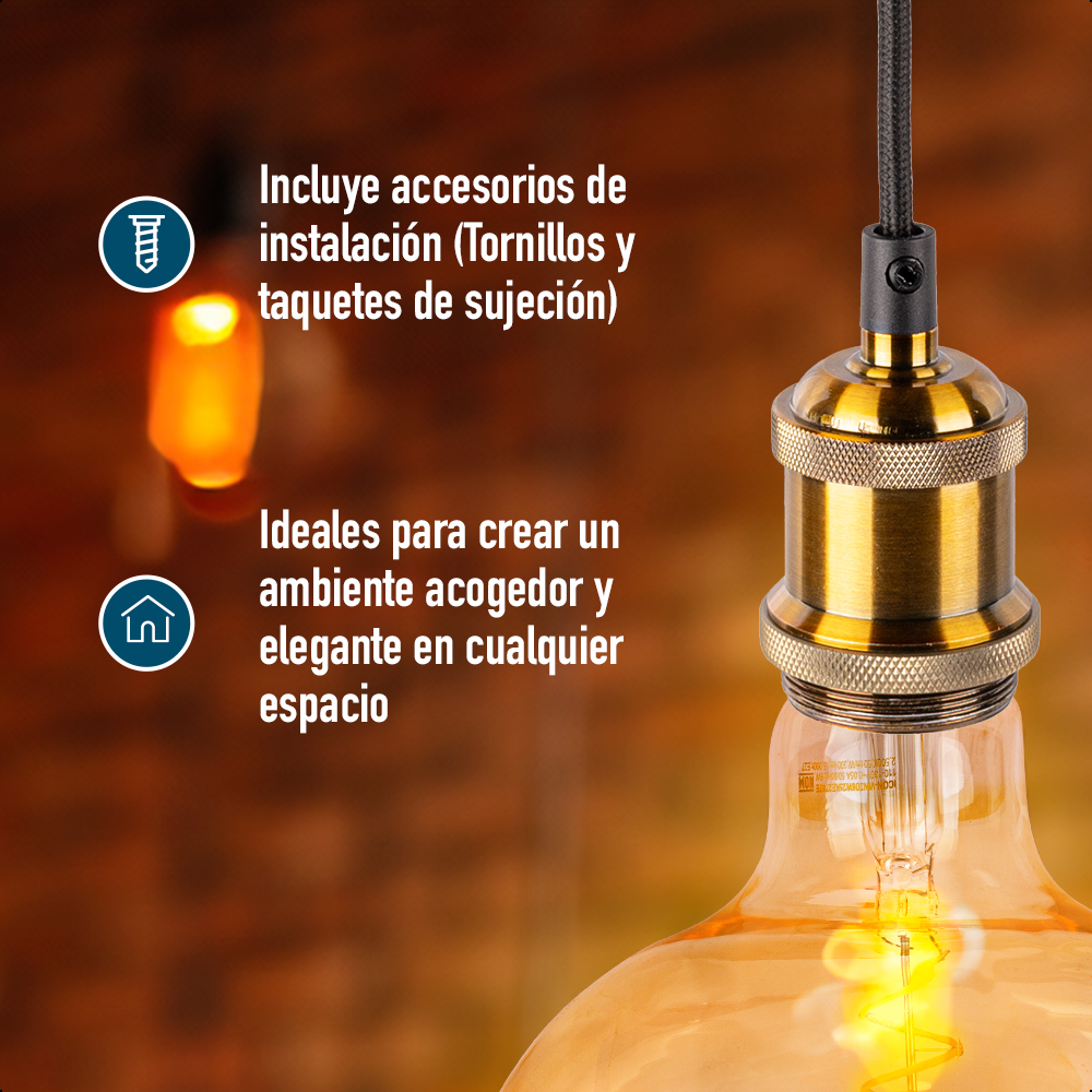 ICON Base Socket para Foco E27 Edición Vintage Color Cobre Dorado Cable de 1.5 metros Ajustable