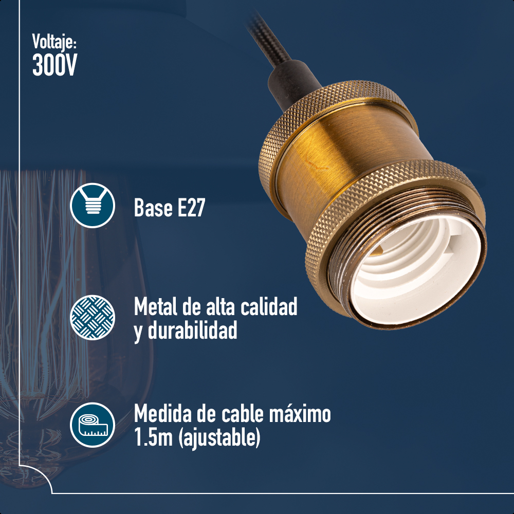 ICON Base Socket para Foco E27 Edición Vintage Color Cobre Dorado Cable de 1.5 metros Ajustable