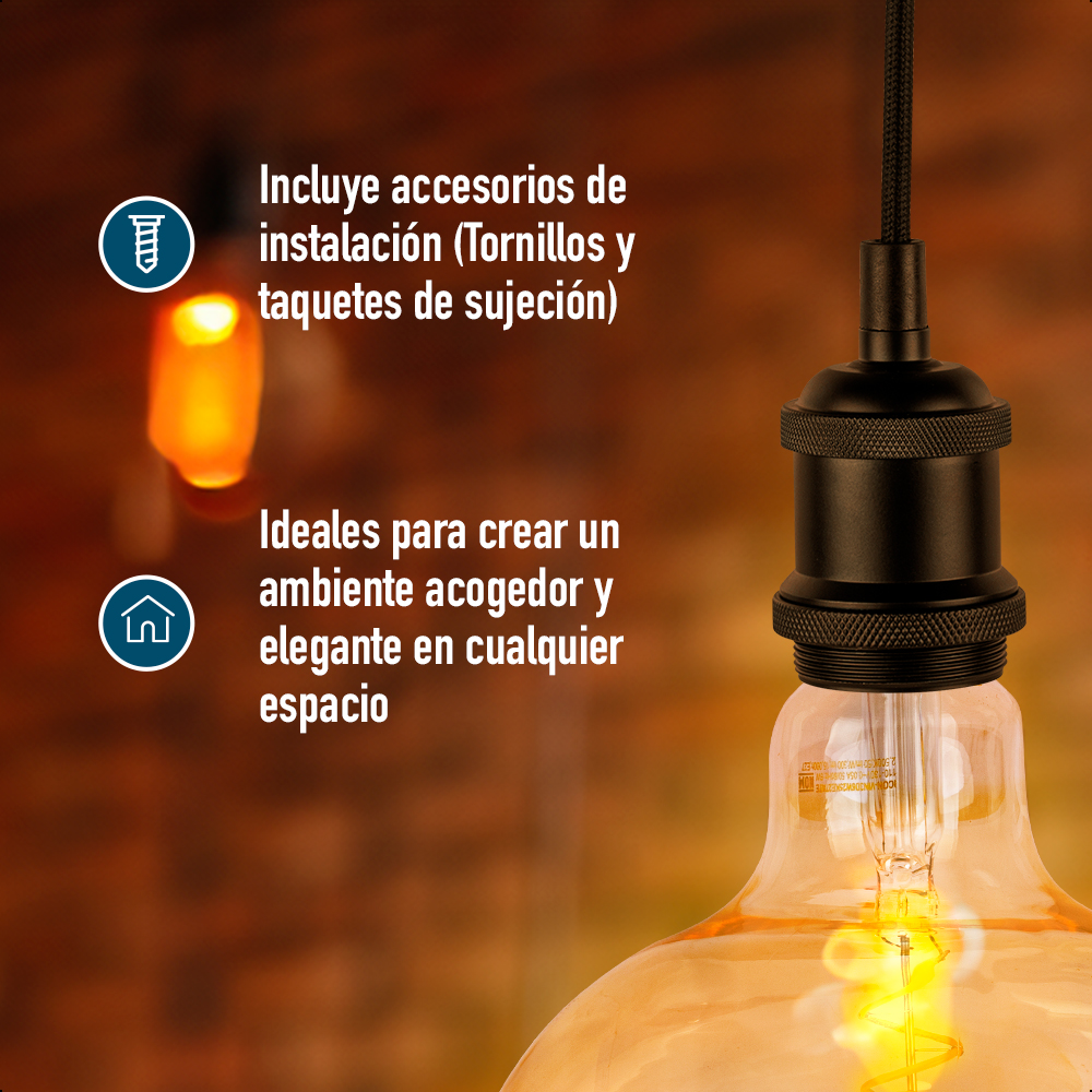 ICON Base Socket para Foco E27 Edición Vintage Cable de 1.5 metros Ajustable Color Negro Mate