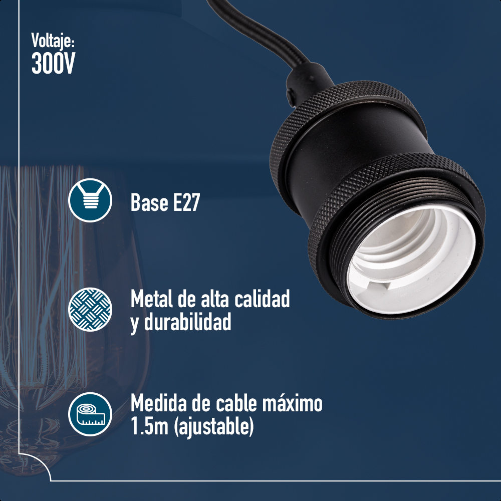 ICON Base Socket para Foco E27 Edición Vintage Cable de 1.5 metros Ajustable Color Negro Mate