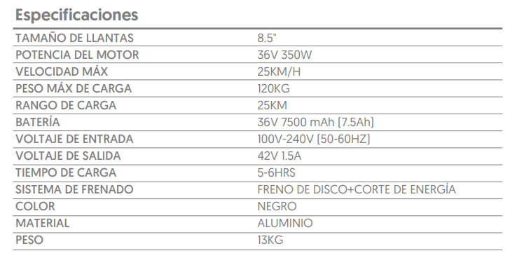 Scooter eléctrico M1 carga de 6 a 7 hrs.