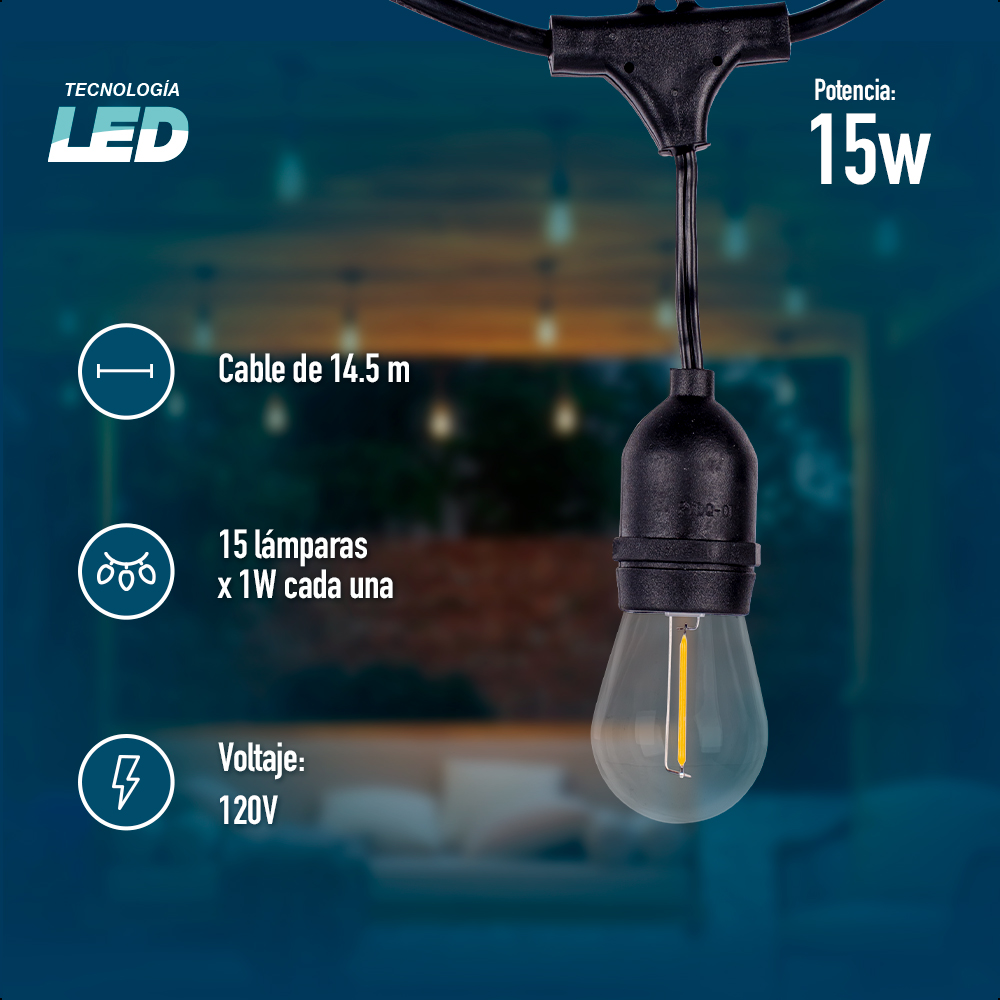 ICON Guirnalda Vintage Luces Para Exterior 15 Focos 14.6 Metros