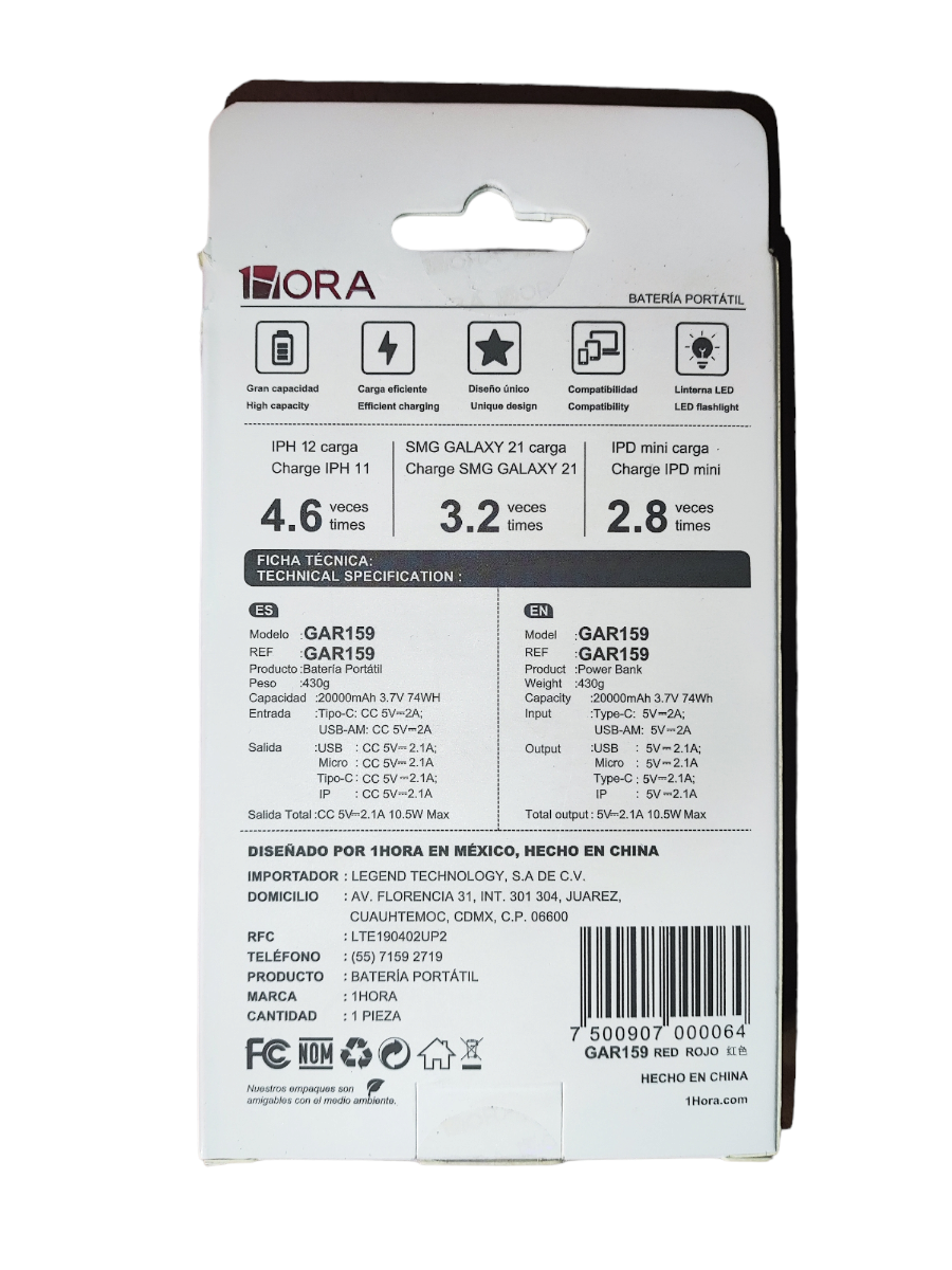 1Hora Power bank 20000 Mah 4 En 1 Cargador Portatil Batería Portátil Pilas Portatiles