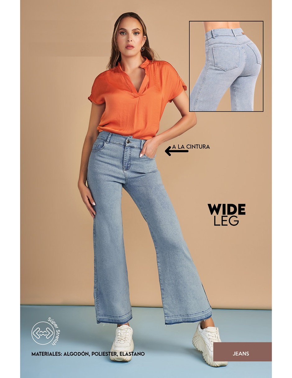 Jeans Devendi Tiro Alto Pantalon Wide Leg Tela Stretch
