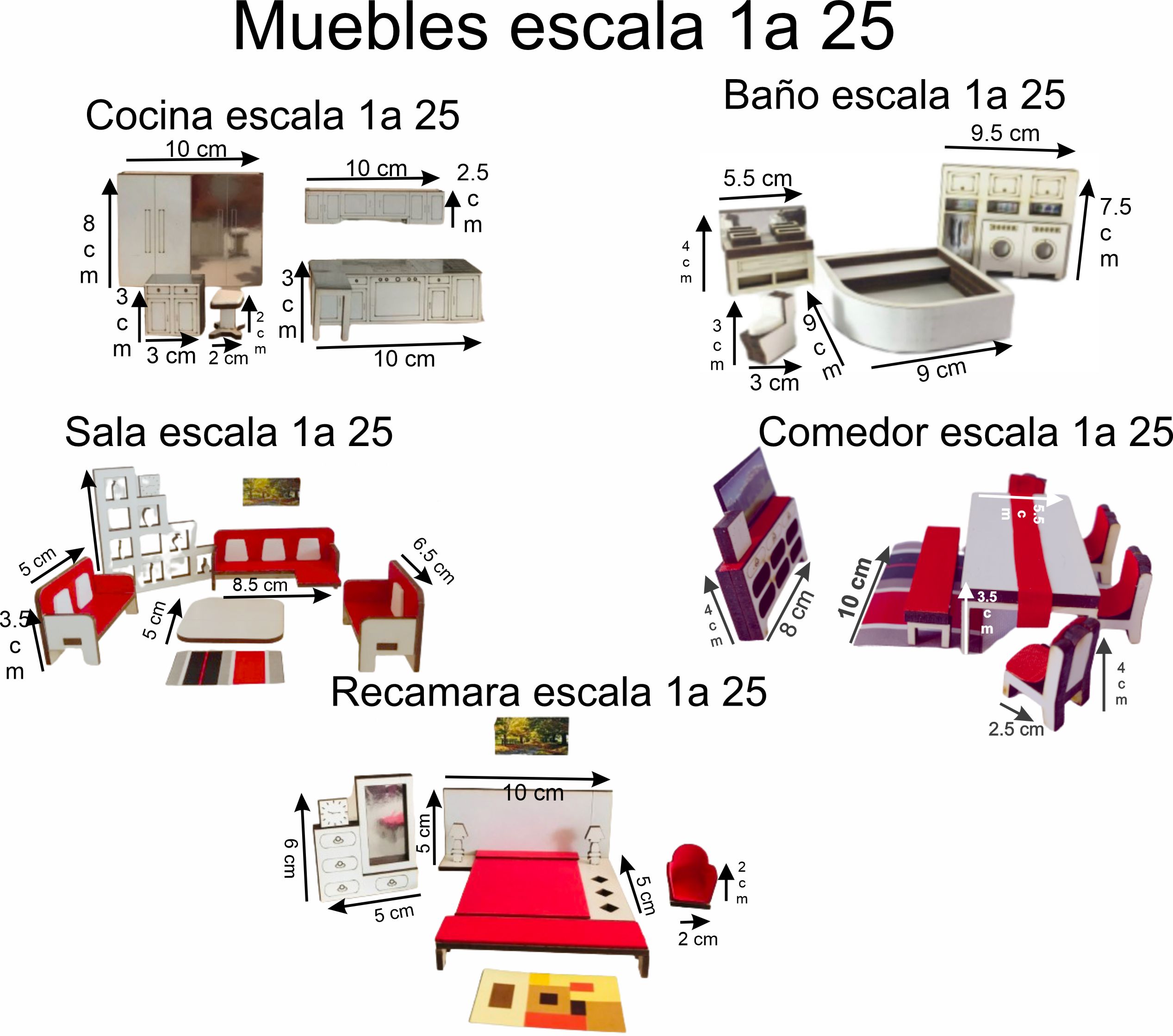 Muebles a escala 1 a 25, set completo para amueblar casa, maqueta, diorama, tarea..