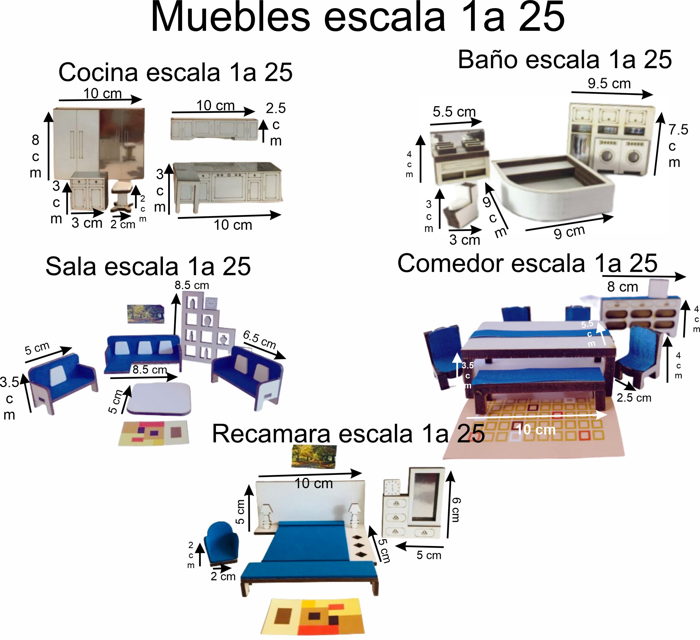 Muebles a escala 1 a 25, set completo para amueblar casa, maqueta, diorama, tarea..