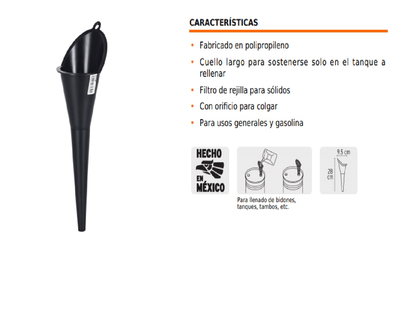 Embudo plástico 2.5", Para usos generales y gasolina, llenado de bidones, tanques, tambos, botes, botellas.