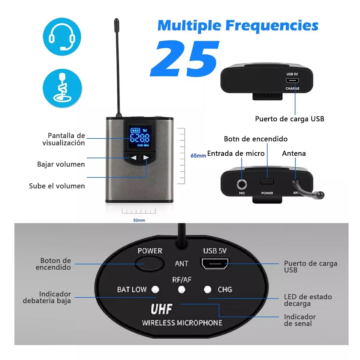 Micrófono Inalámbrico Uhf De 25 Canales Diadema Portátil