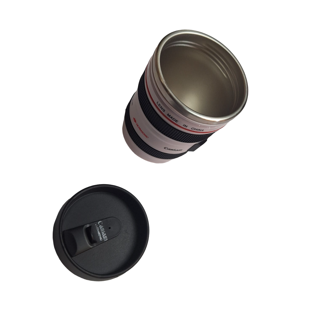 Vaso Termo Forma De Cámara Capacidad 400 Ml Acero Inoxidable Color Blanco Con Negro