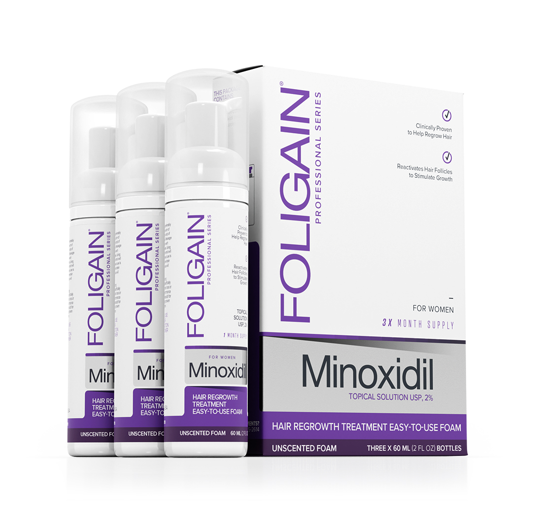 FOLIGAIN MINOXIDIL 2% ESPUMA PARA EL CRECIMIENTO DEL CABELLO para mujeres Tres Botellas 3 meses de suministro