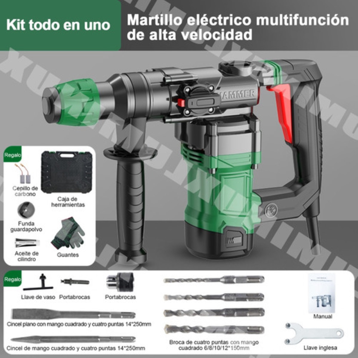 2000 W Rotomartillo Perforador Cincelador Taladro Industrial Verde