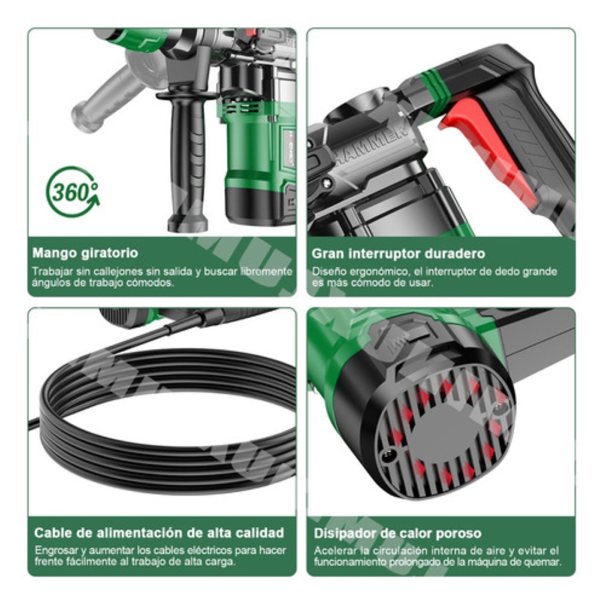 2000 W Rotomartillo Perforador Cincelador Taladro Industrial Verde