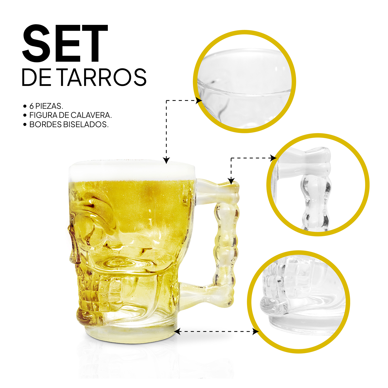 Juego de 6 Tarros de Cerveza  con diseño Calavera.