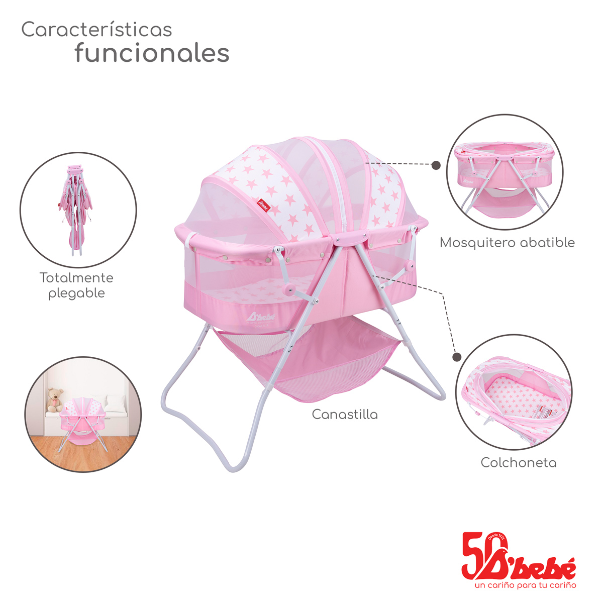 Moisés Cuna Plegable D'bebé Siesta Bebé Rosa