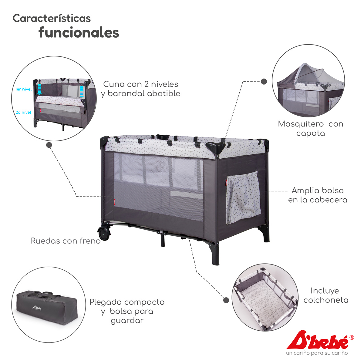 Cuna Corral Colecho D'bebé Love & Care Gris.