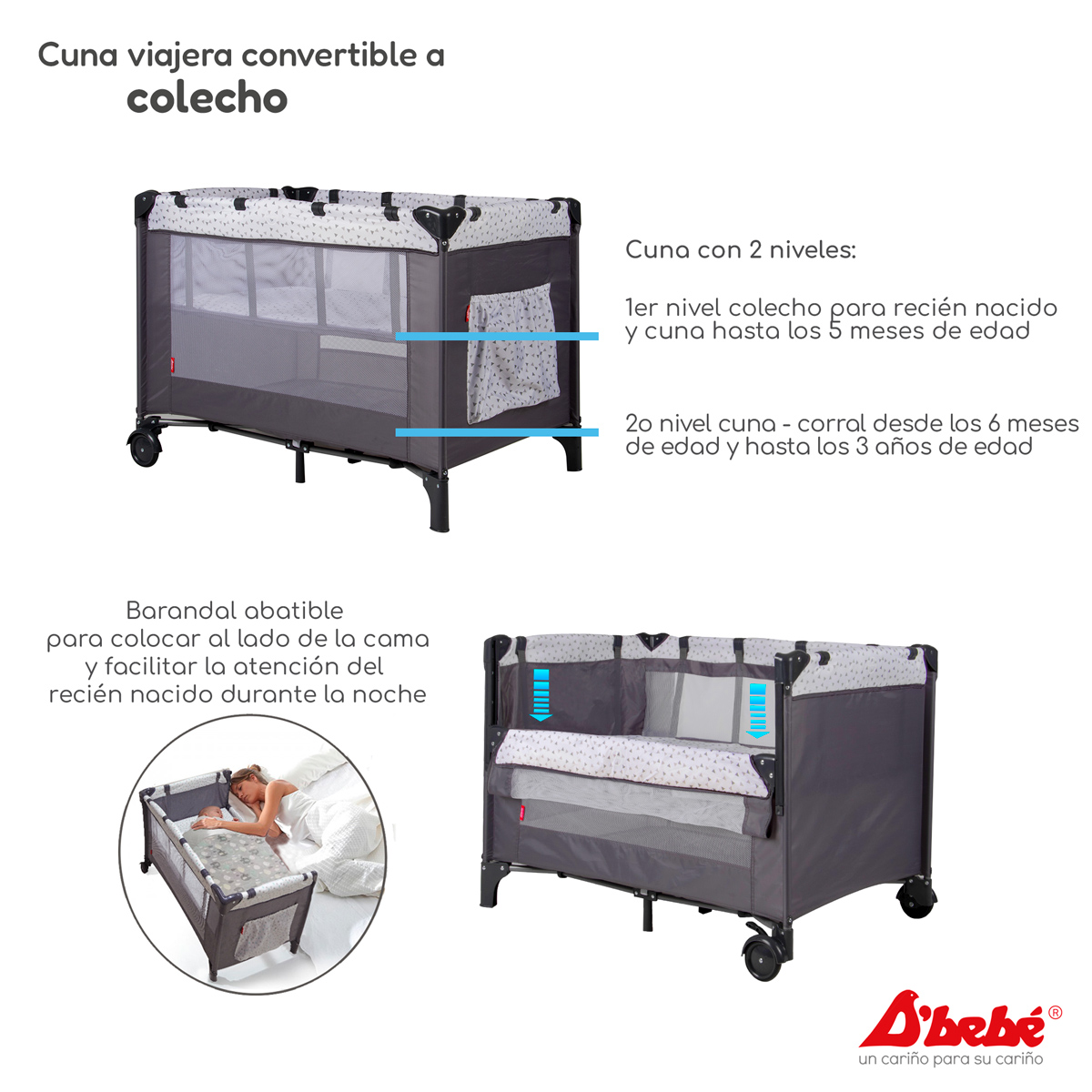 Cuna Corral Colecho D'bebé Love & Care Gris.