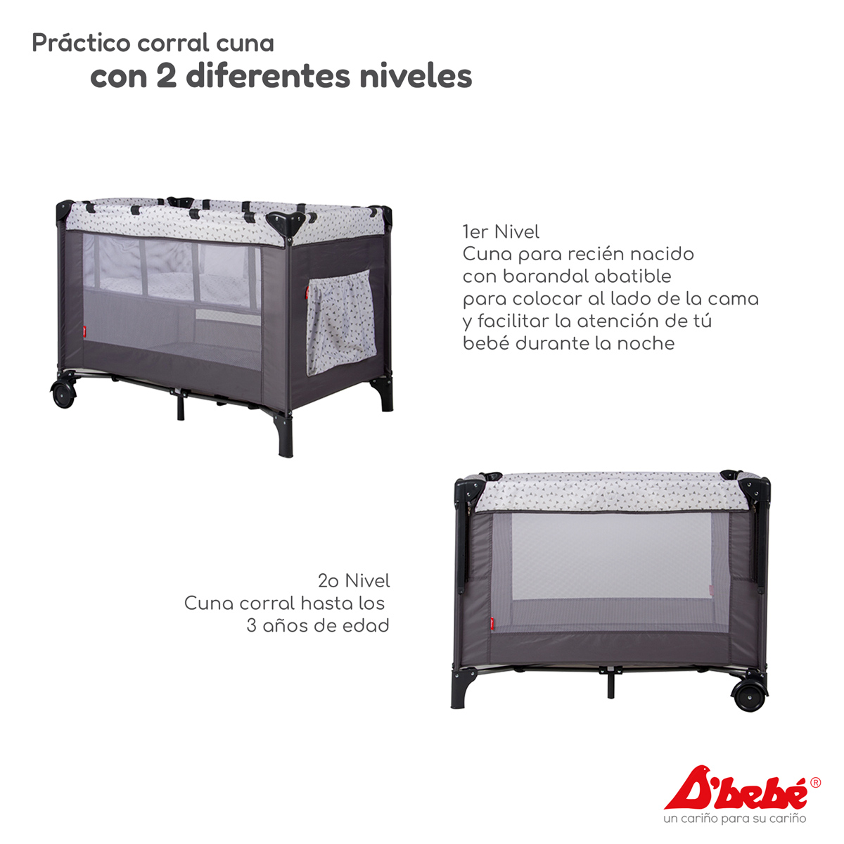 Cuna Corral Colecho D'bebé Love & Care Gris.