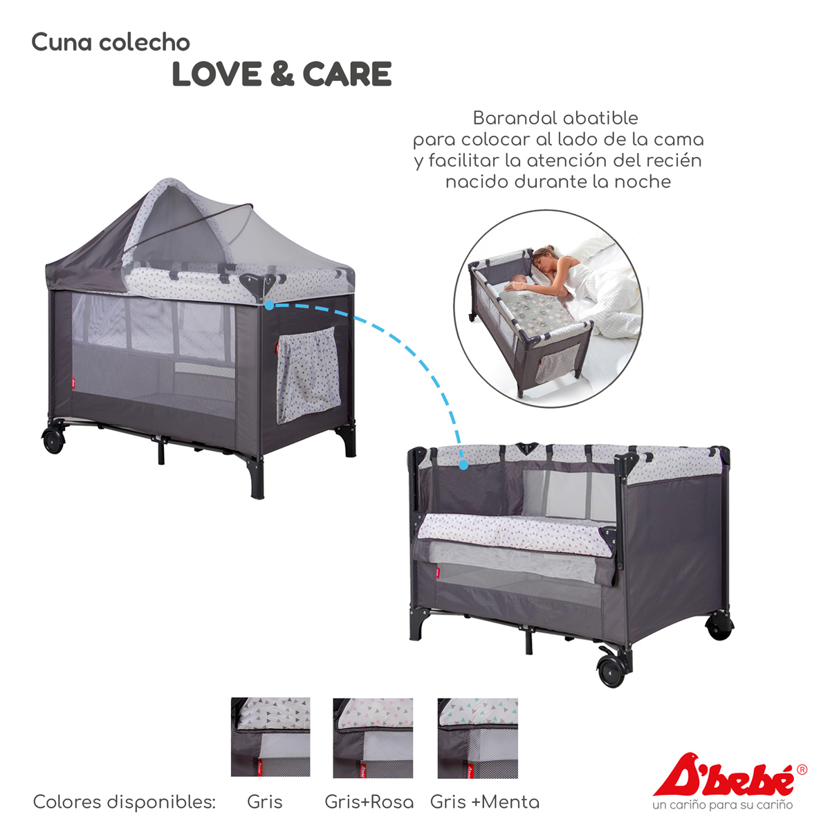 Cuna Corral Colecho D'bebé Love & Care Gris.