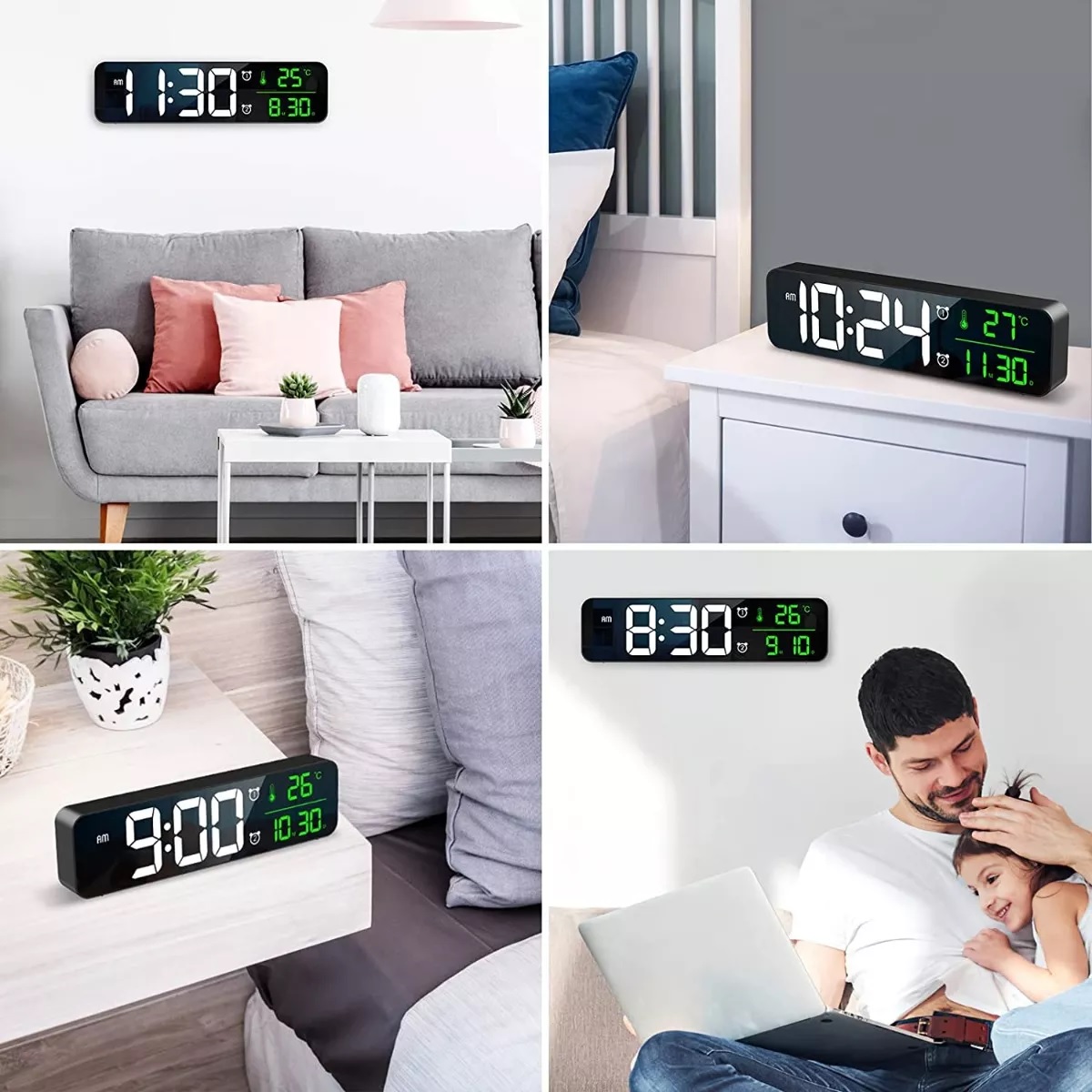 Reloj De Pared Digital Led Con Termómetro Alarmas Calendario