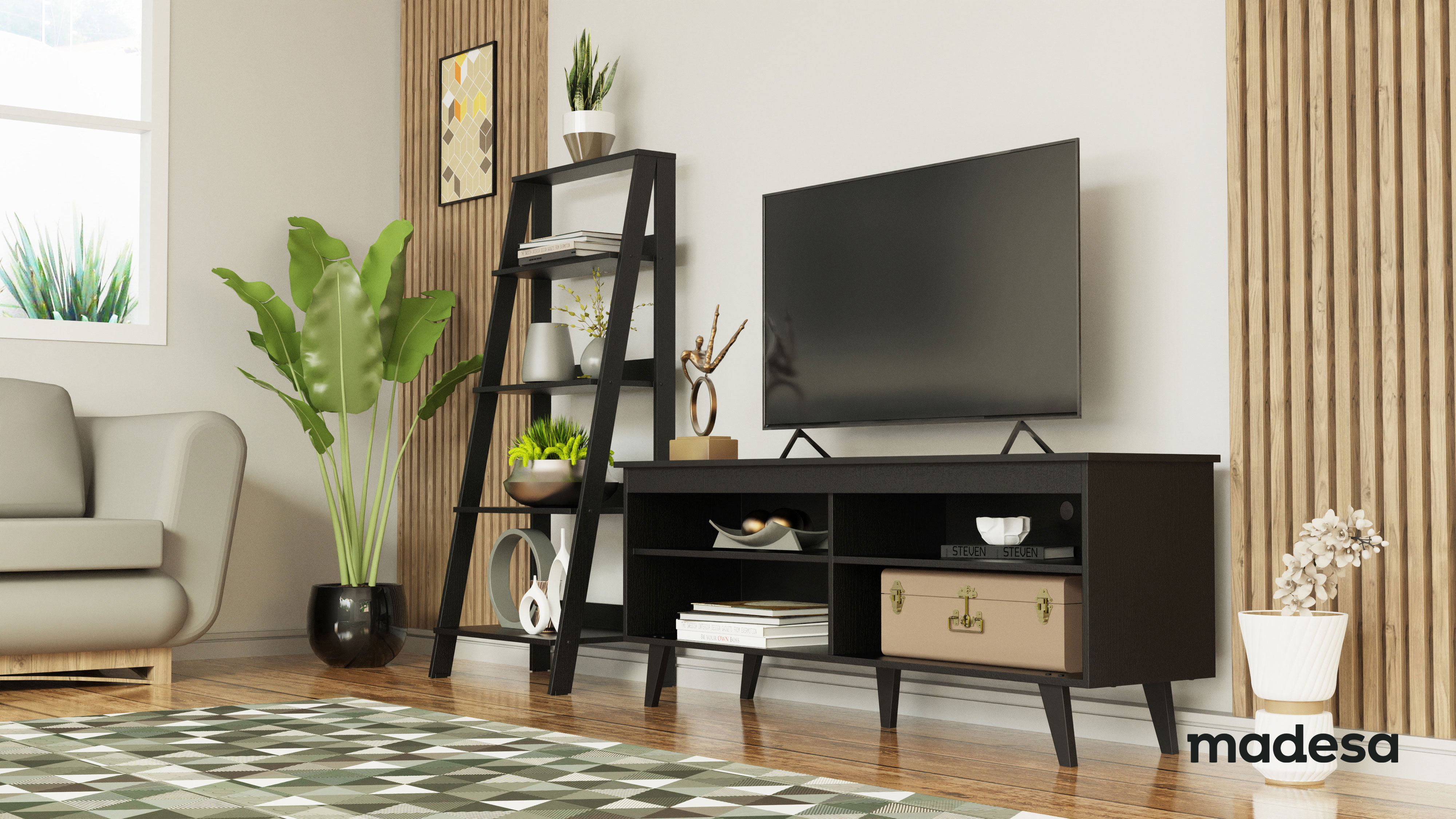 Mueble para TV de hasta 65 pulgadas Madesa Udine y Estante Librero Escalera Negro