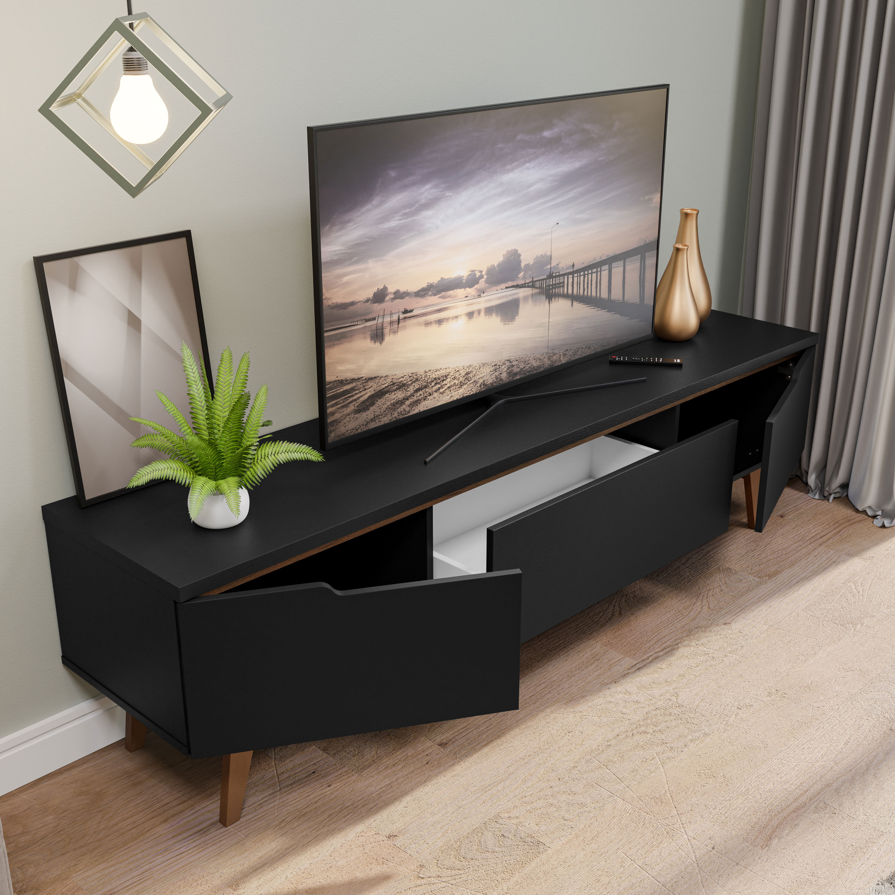 Mueble para Tv hasta 75 Pulgadas Madesa Reims 2 Puertas 1 Cajón - Negro