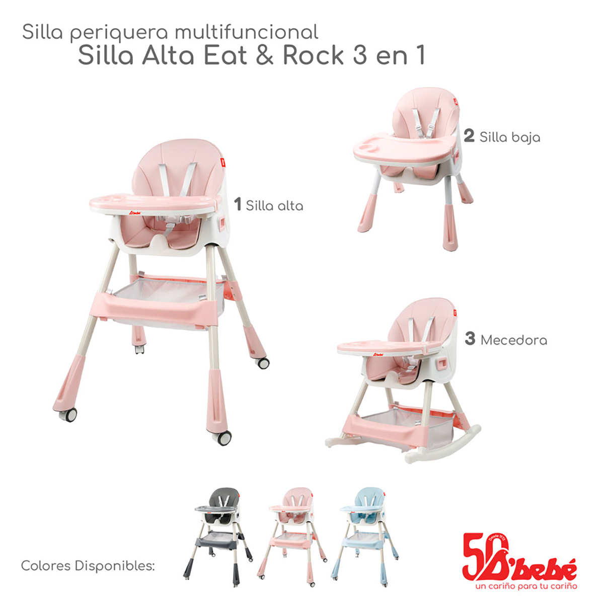 Silla Alta Periquera D'bebé Eat & Rock 3 en 1 Rosa