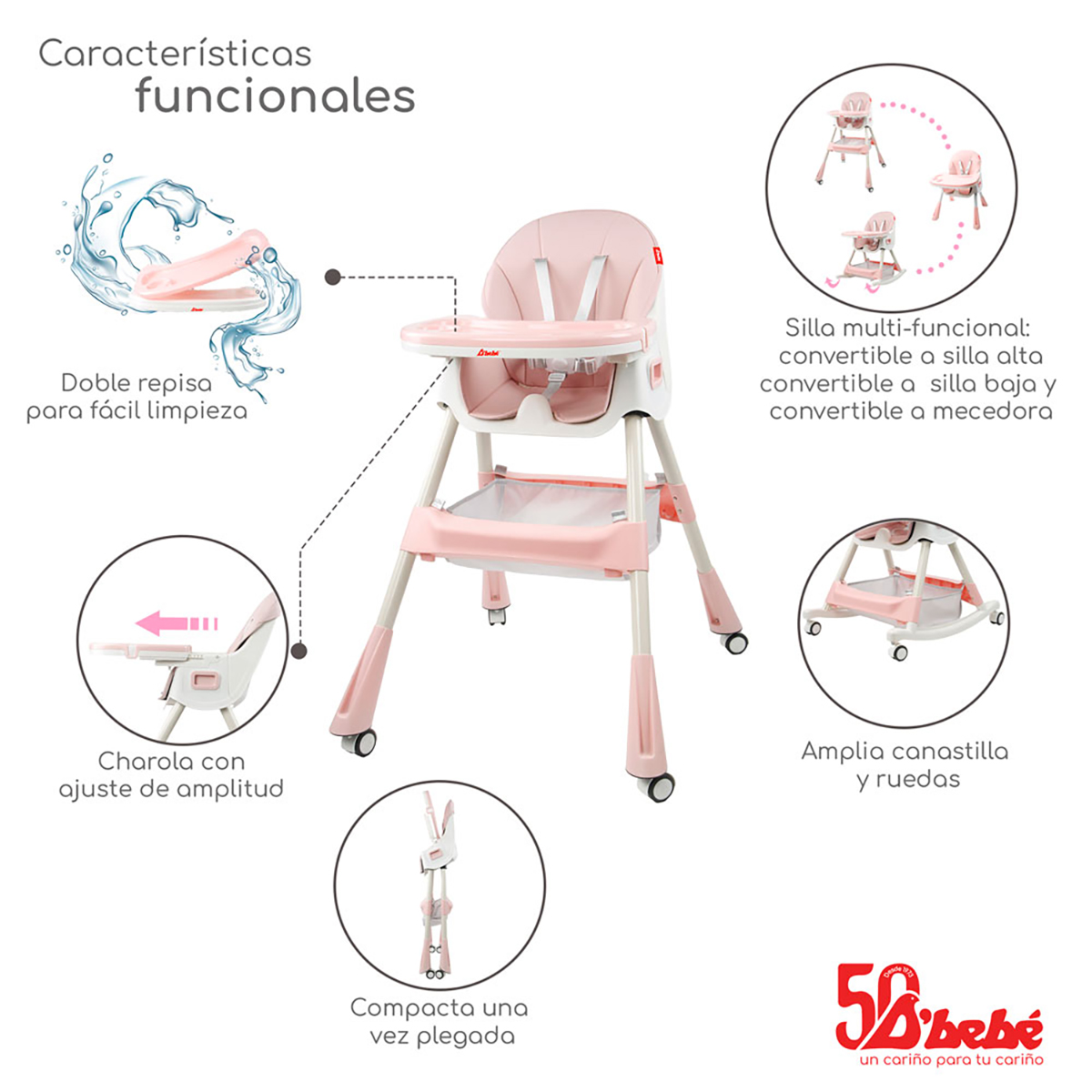 Silla Alta Periquera D'bebé Eat & Rock 3 en 1 Rosa