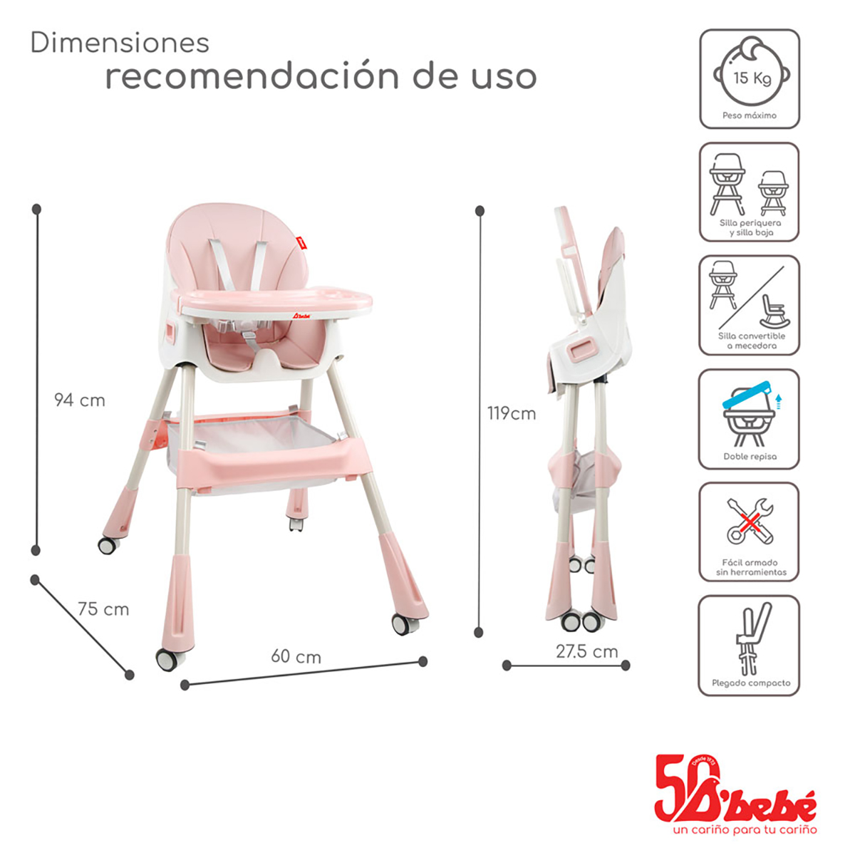 Silla Alta Periquera D'bebé Eat & Rock 3 en 1 Rosa
