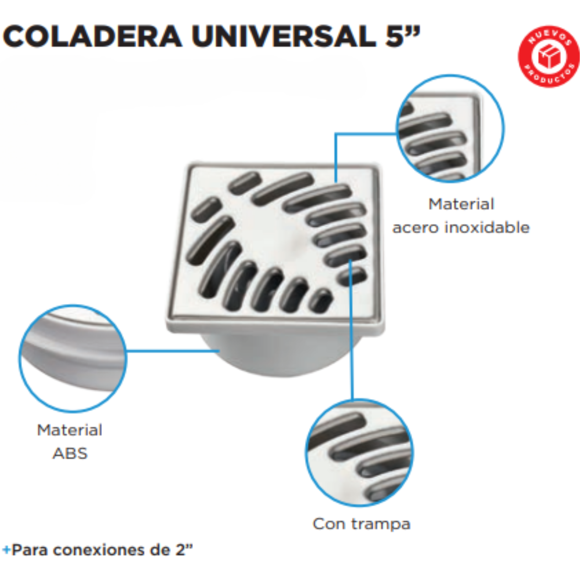 MEER Faucets by CNX Coladera Cuadrada Tipo Bote de ABS con Trampa de Acero Inoxidable