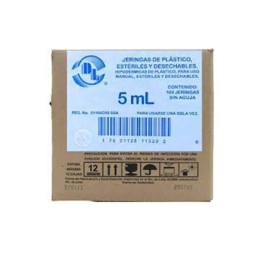 Jeringa 5 ml sin aguja caja con 100 piezas. DL
