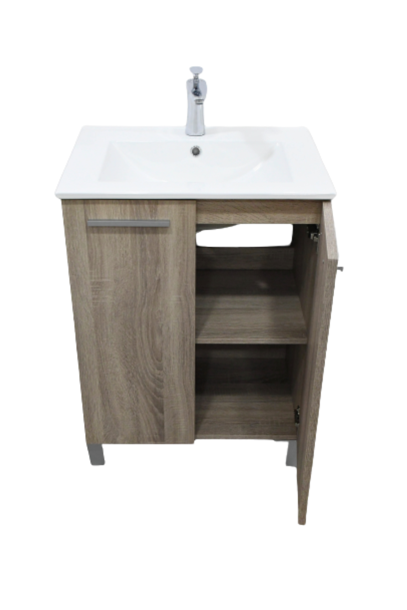 Set Mueble para baño a piso (Gabinete) MA60CA con dos puertas y entrepaño.  El set incluye:  lavabo de cerámica, espejo y monomando. Color Cambrian.