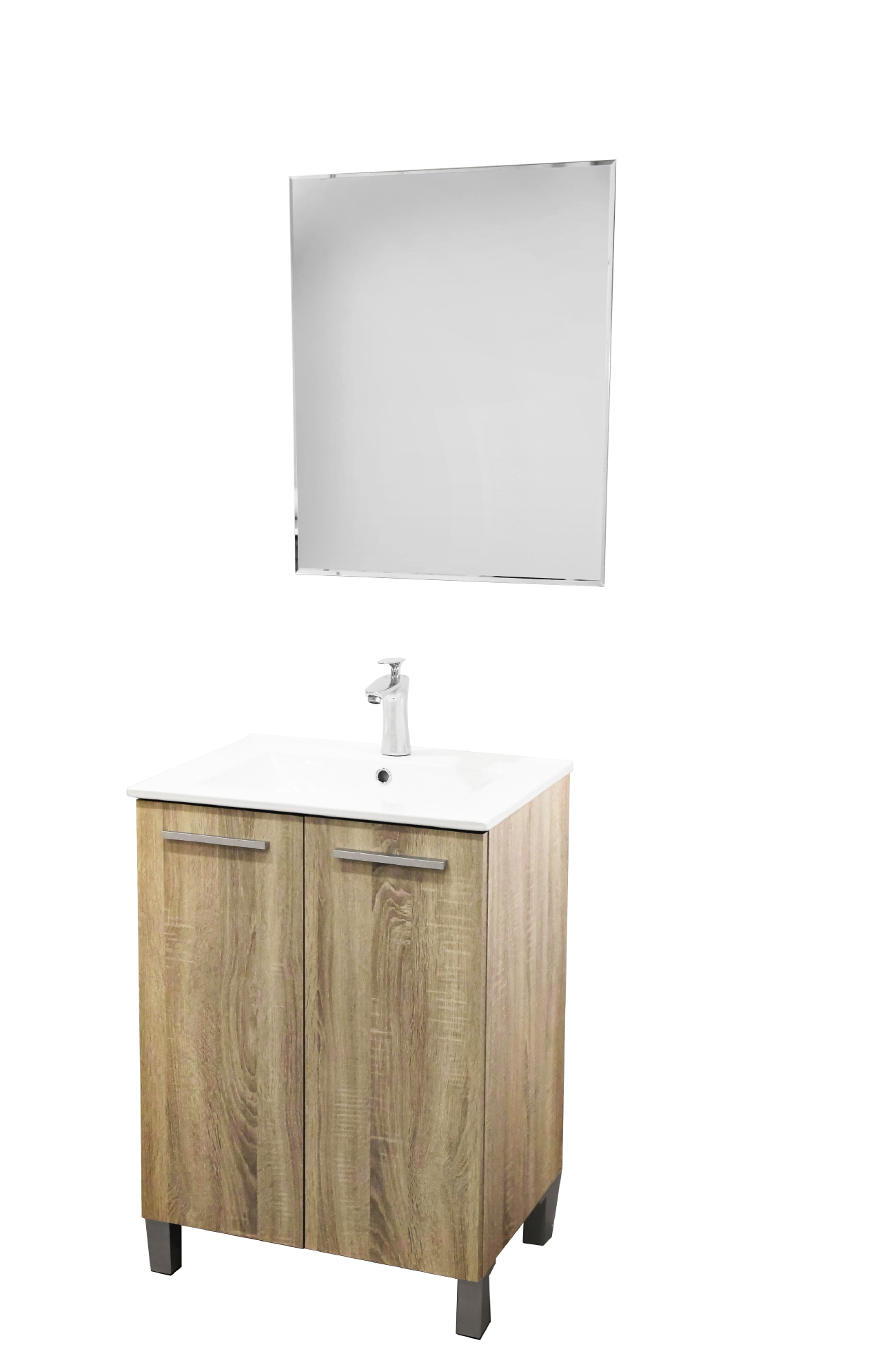 Set Mueble para baño a piso (Gabinete) MA60CA con dos puertas y entrepaño.  El set incluye:  lavabo de cerámica, espejo y monomando. Color Cambrian.
