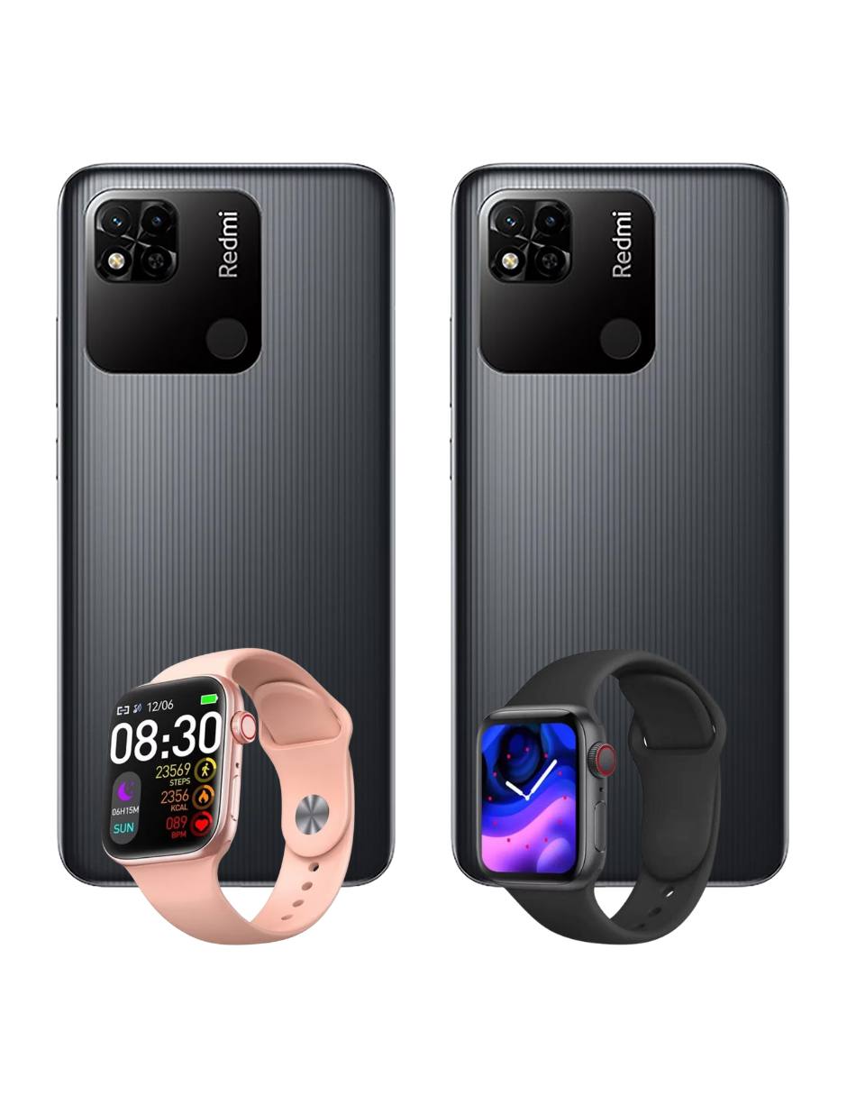 Combo 2 Redmi 10A 32GB 2GB Ram (Negro)   2 Smarwatches (Negro y Rosa).