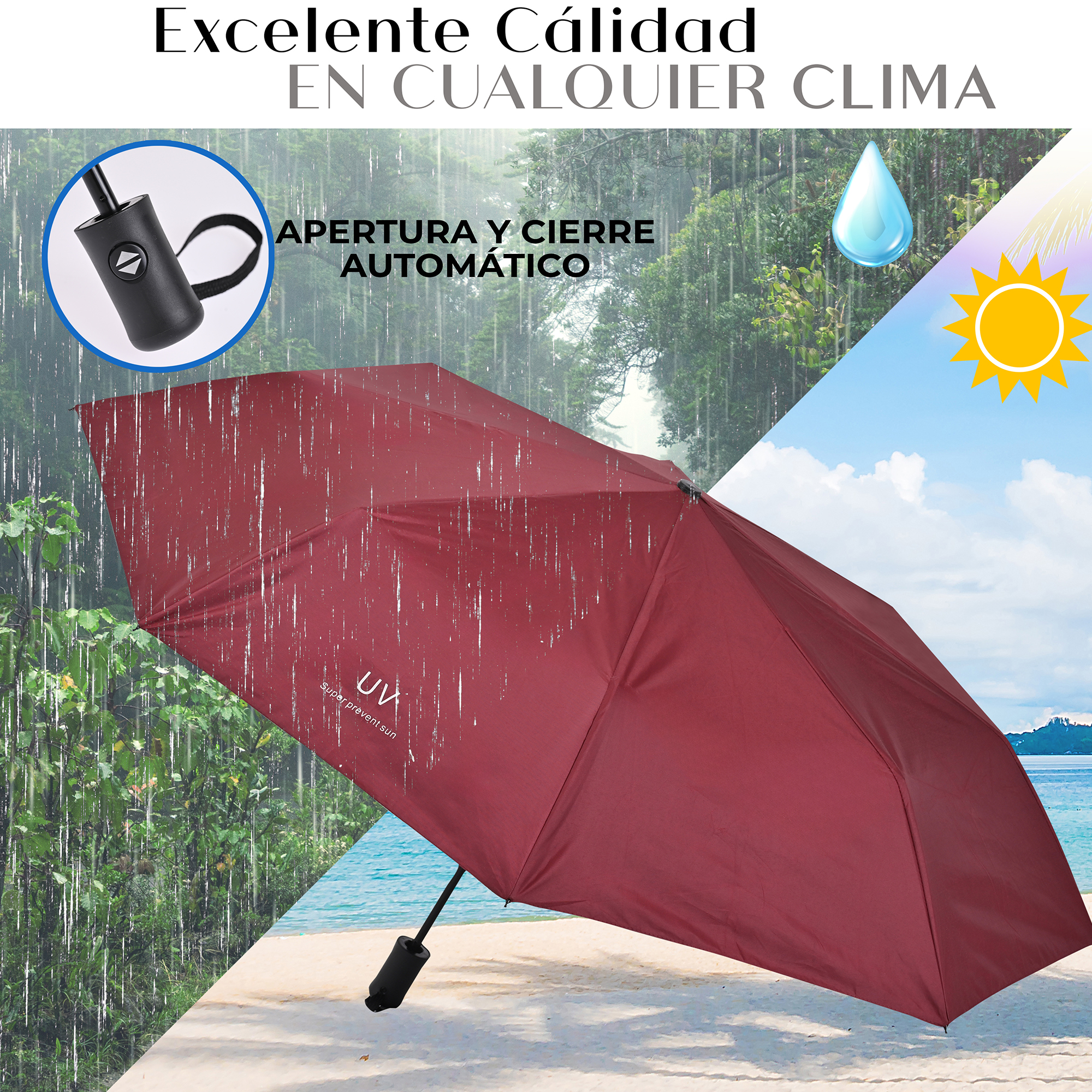 Sombrilla Grande de Aluminio Plegable. Automático, Portátil Con Funda Bolsillo Impermeable Para días Soleados o Lluviosos Super Protección Solar UV A Prueba De Viento 99% De Resistencia Colores Elegantes De Moda modelo MA-43