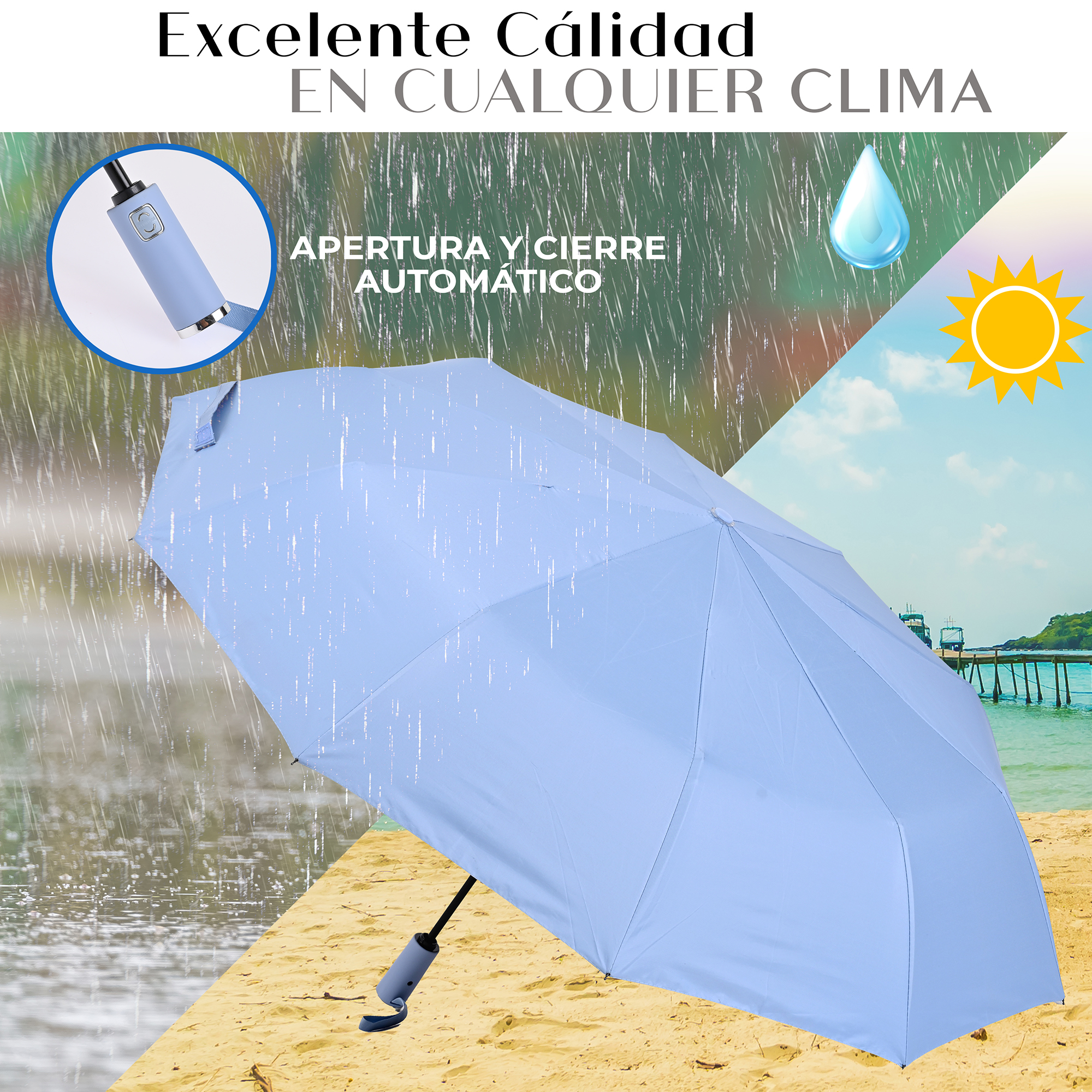 Sombrilla Grande de Aluminio Plegable. Automático, Portátil Con Funda Bolsillo Impermeable Para días Soleados o Lluviosos Super Protección Solar UV A Prueba De Viento 99% De Resistencia Colores Elegantes De Moda modelo MA-43