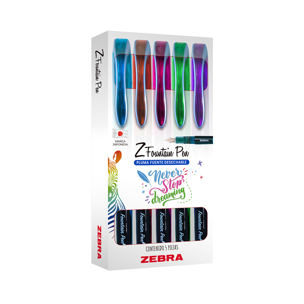Zebra Pluma Fuente Desechable Z-Fountain Pen Estuche 5 Piezas Multicolor.