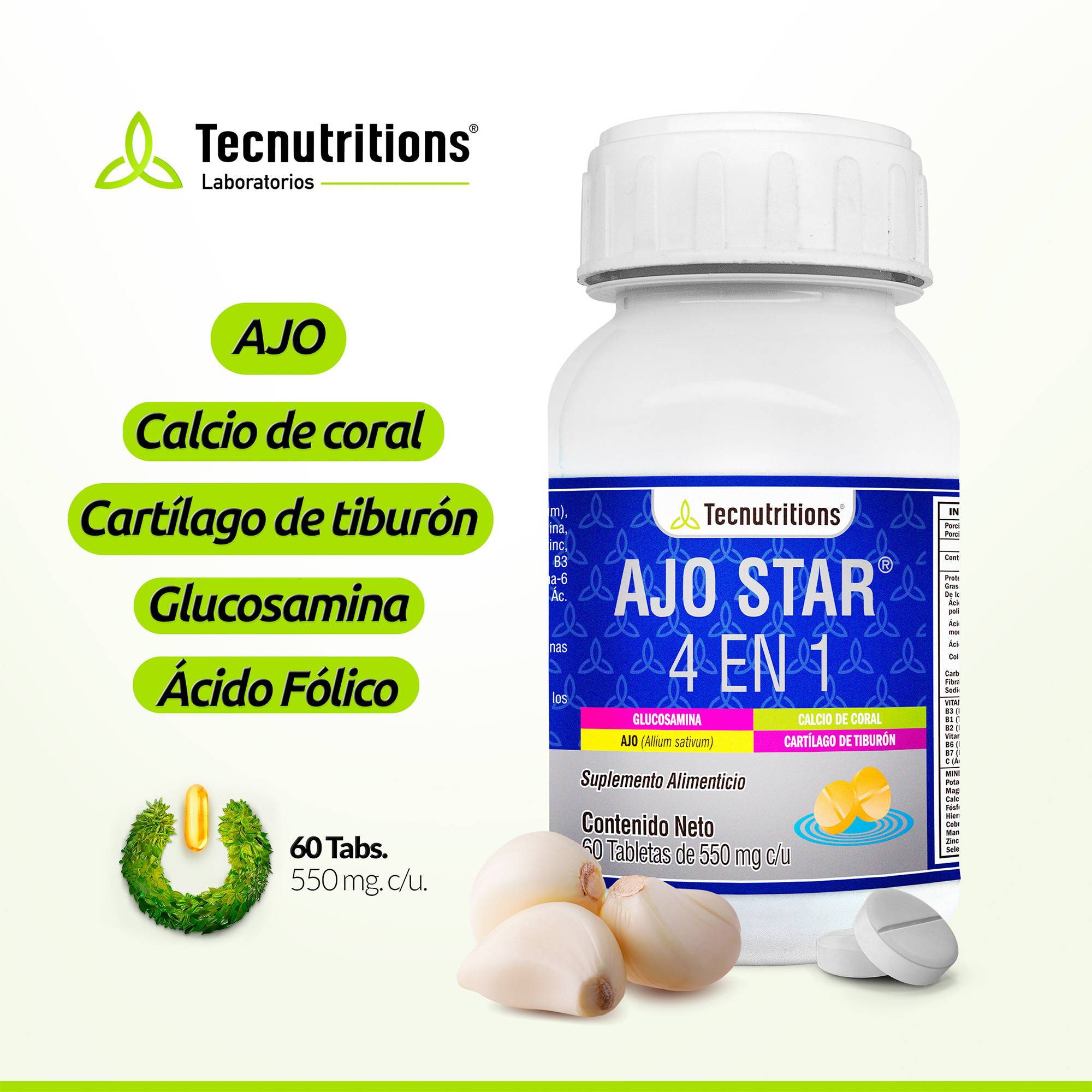 Suplemento De Ajo Glucosamina Calcio De Coral Tecnutritions®