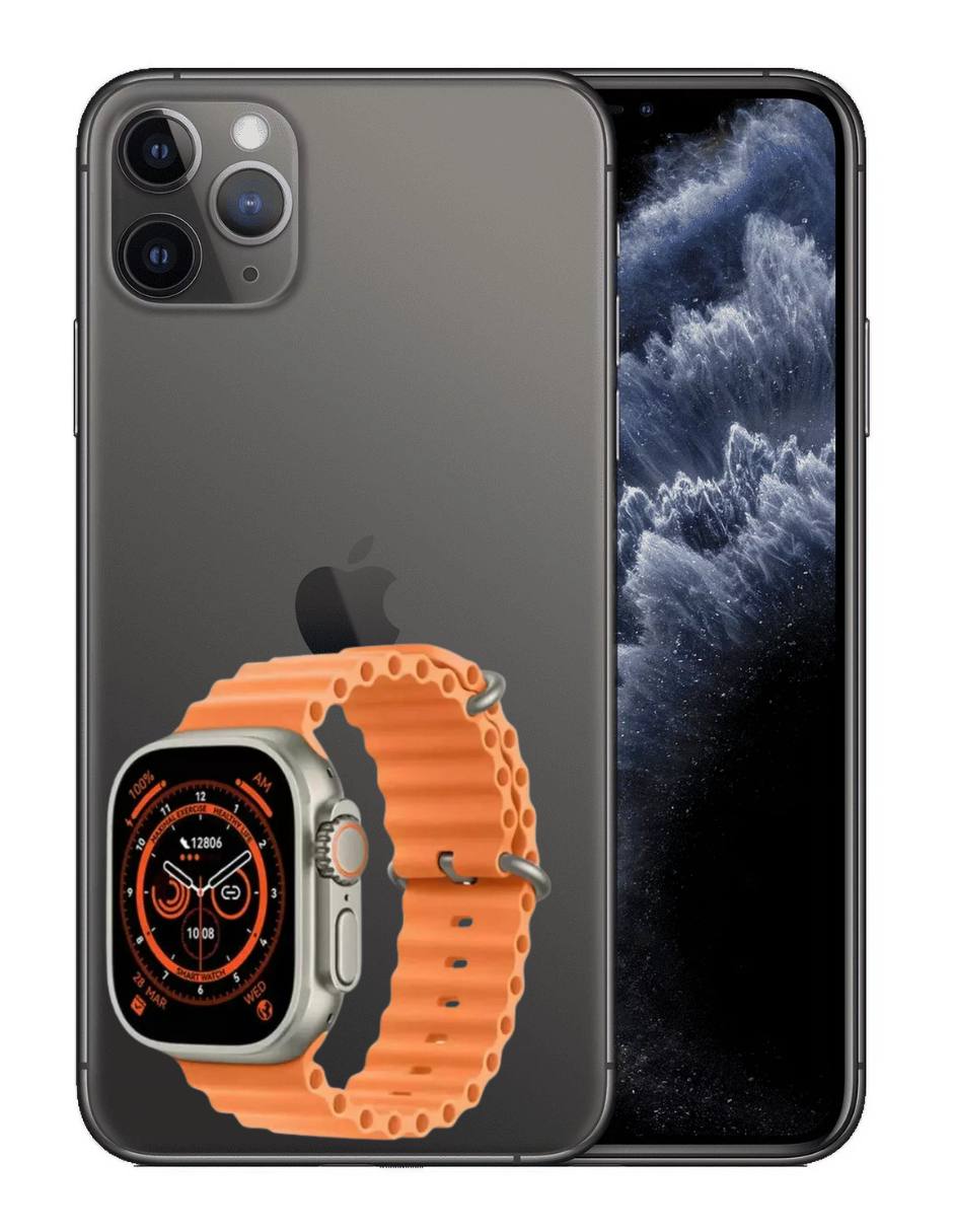 Combo iPhone 11 Pro 64GB Dorado (Reacondicionado Grado A)   SmartWatch Ultra Pantalla AMOLED.