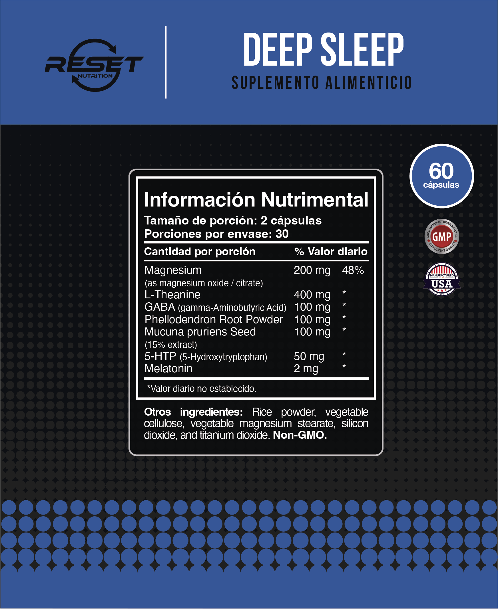 Deep Sleep | Suplemento para Dormir e Insomnio | Nootropico | 100% Natural | Sueño y Descanso | 60 Capsulas | Hecho en USA | Reset Nutrition