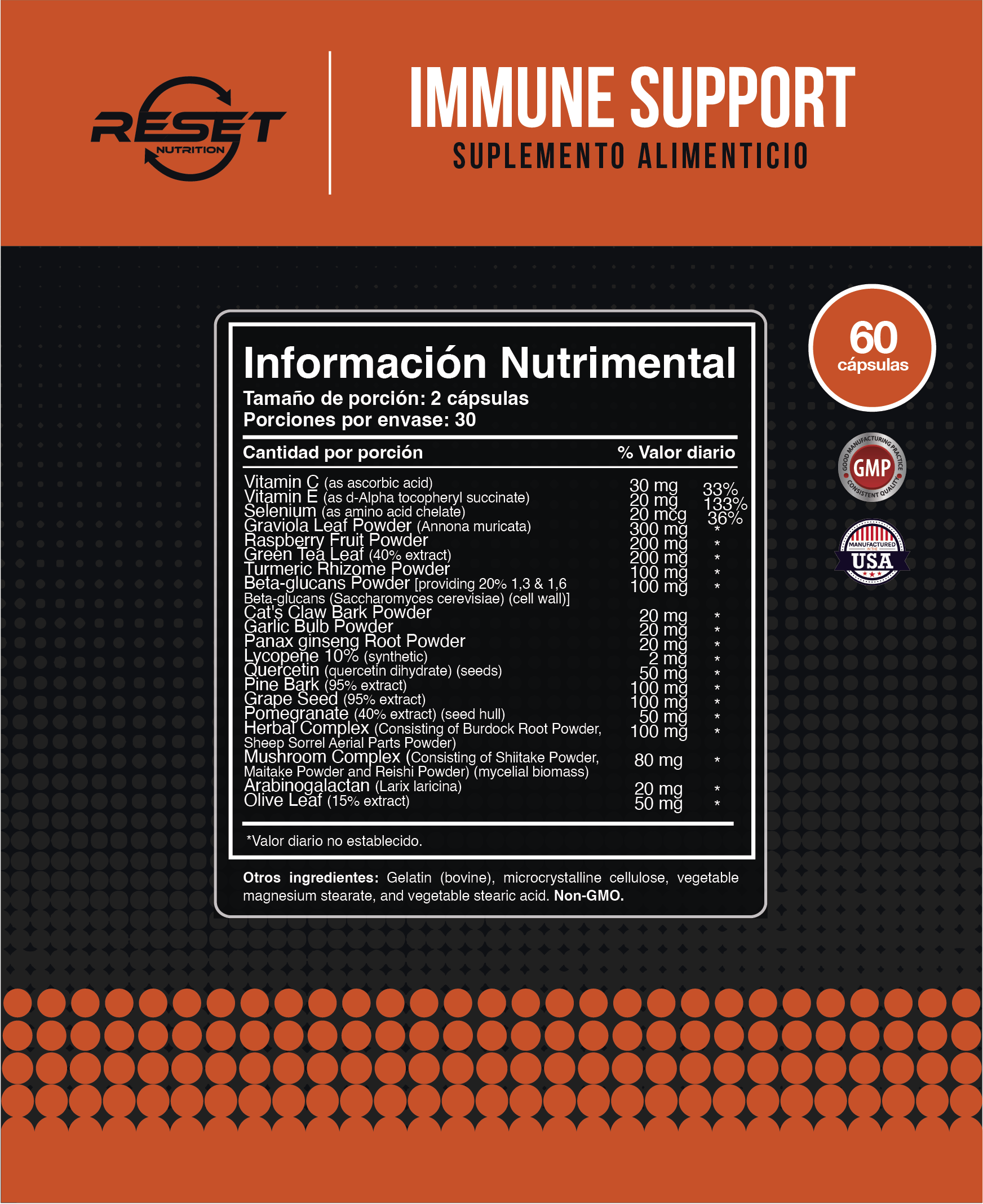 IMMUNE SUPPORT | Suplemento Sistema Inmune | Formula para Reforzar y Mantener tus Defensas | Para Mujer y Hombre | 100% Natural y Vegano | 60 Capsulas | Hecho en USA | Reset Nutrition