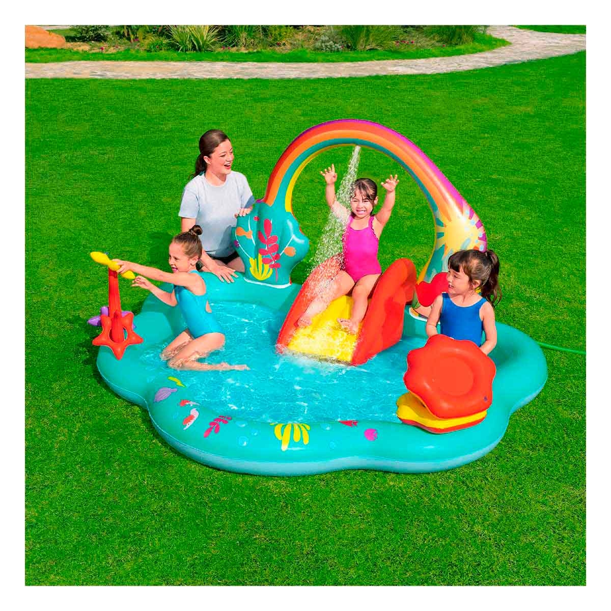 Centro de Juegos Acuático Sirenita Inflable con Aspersor y Resbaladilla Bestway.