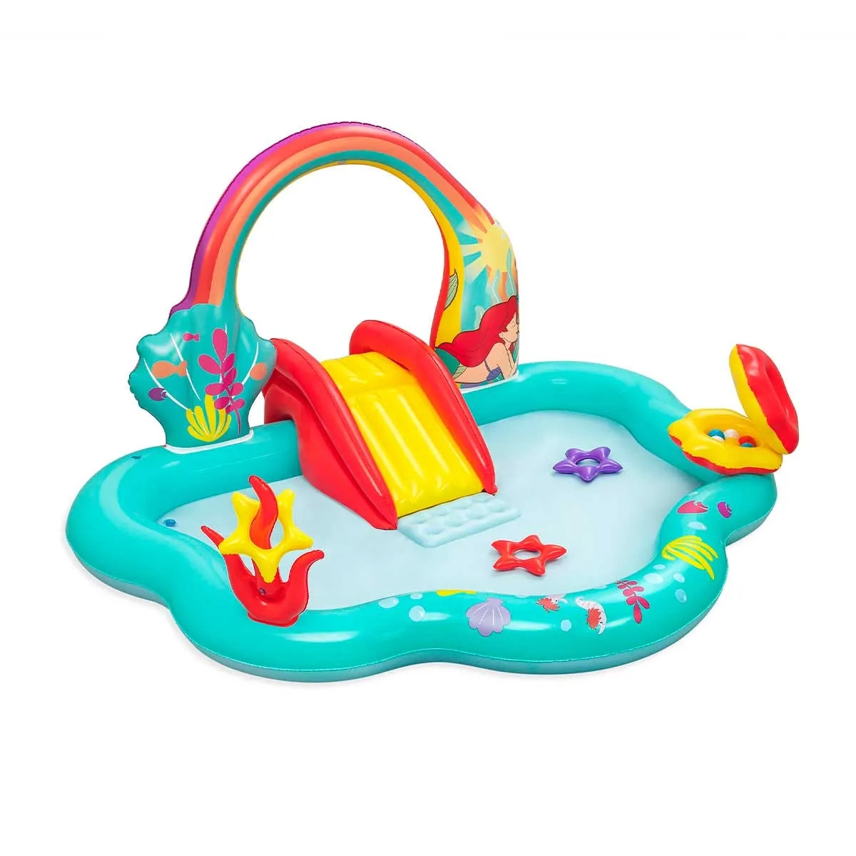 Centro de Juegos Acuático Sirenita Inflable con Aspersor y Resbaladilla Bestway.