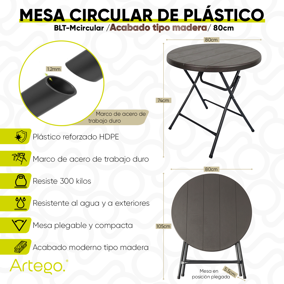 Mesa circular plegable acabado tipo madera plástico HDPE ligera Folding table mesa compacta para terraza jardín balcón apoyo eventos de 80cm