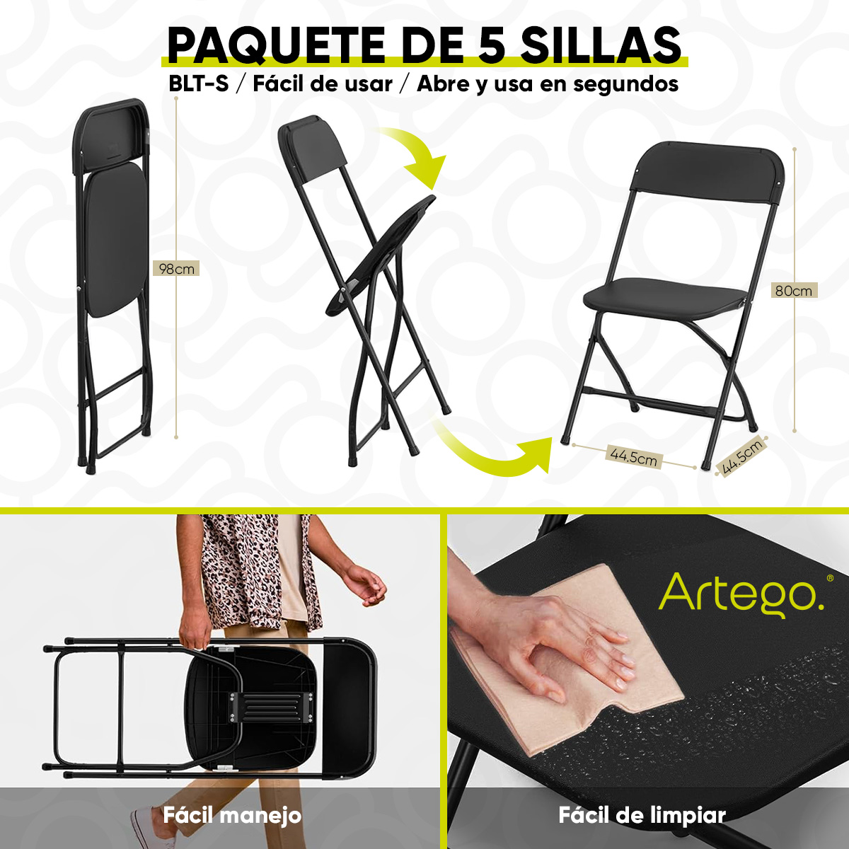 Silla plegable plástico HDPE ligera Folding chair silla jardín eventos fiestas reuniones para exterior paquete de 5 sillas